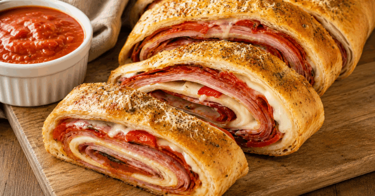 Hausgemachter italienischer Stromboli mit herzhafter Füllung und goldbrauner Kruste